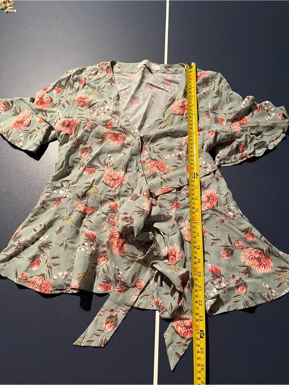LOFT Floral Wrap Top in Sage Green and Coral Accents